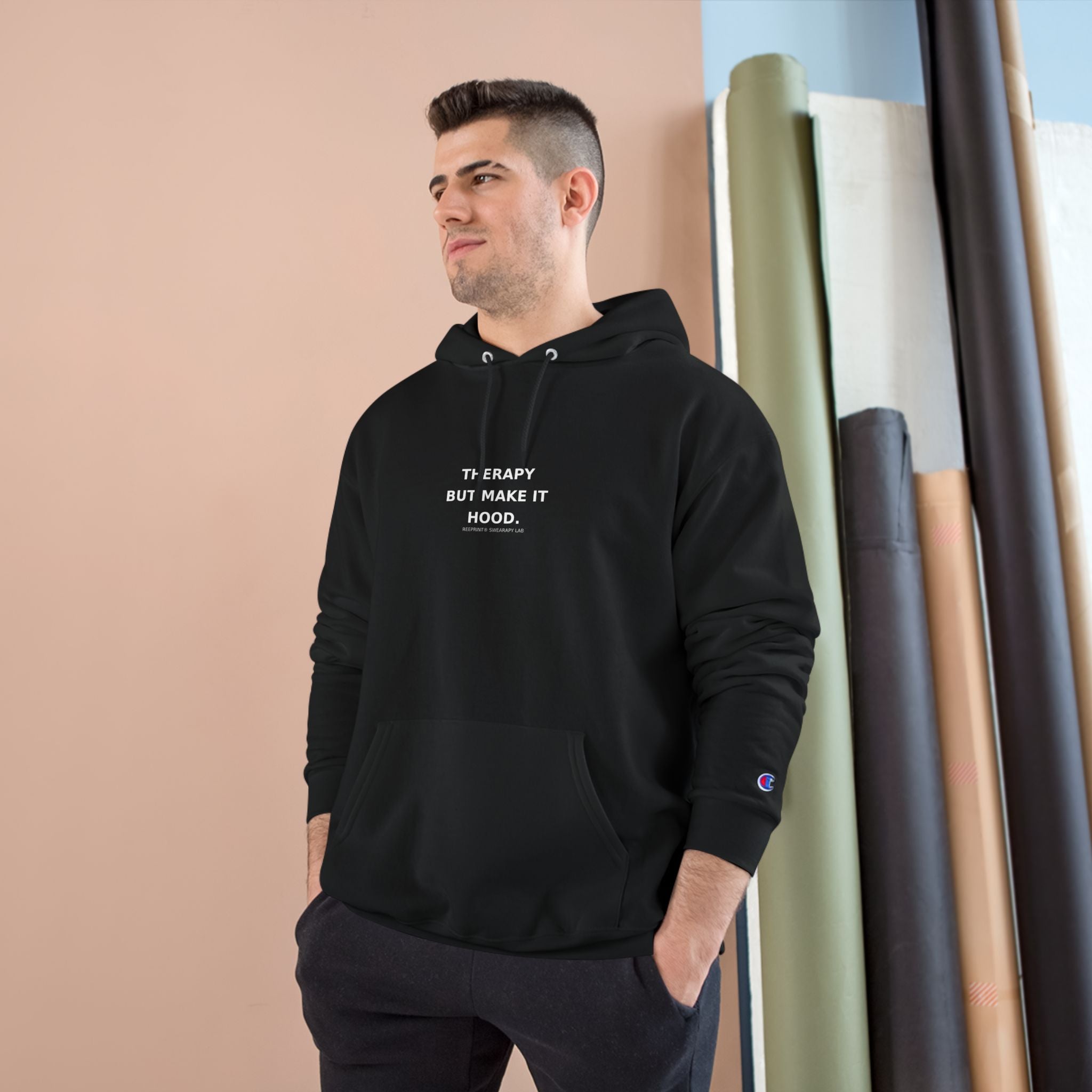 Champion® Hoodie – “Therapy But Make It Hood.” | Urban Luxe Minimalist Streetwear | Reeprint® Edition