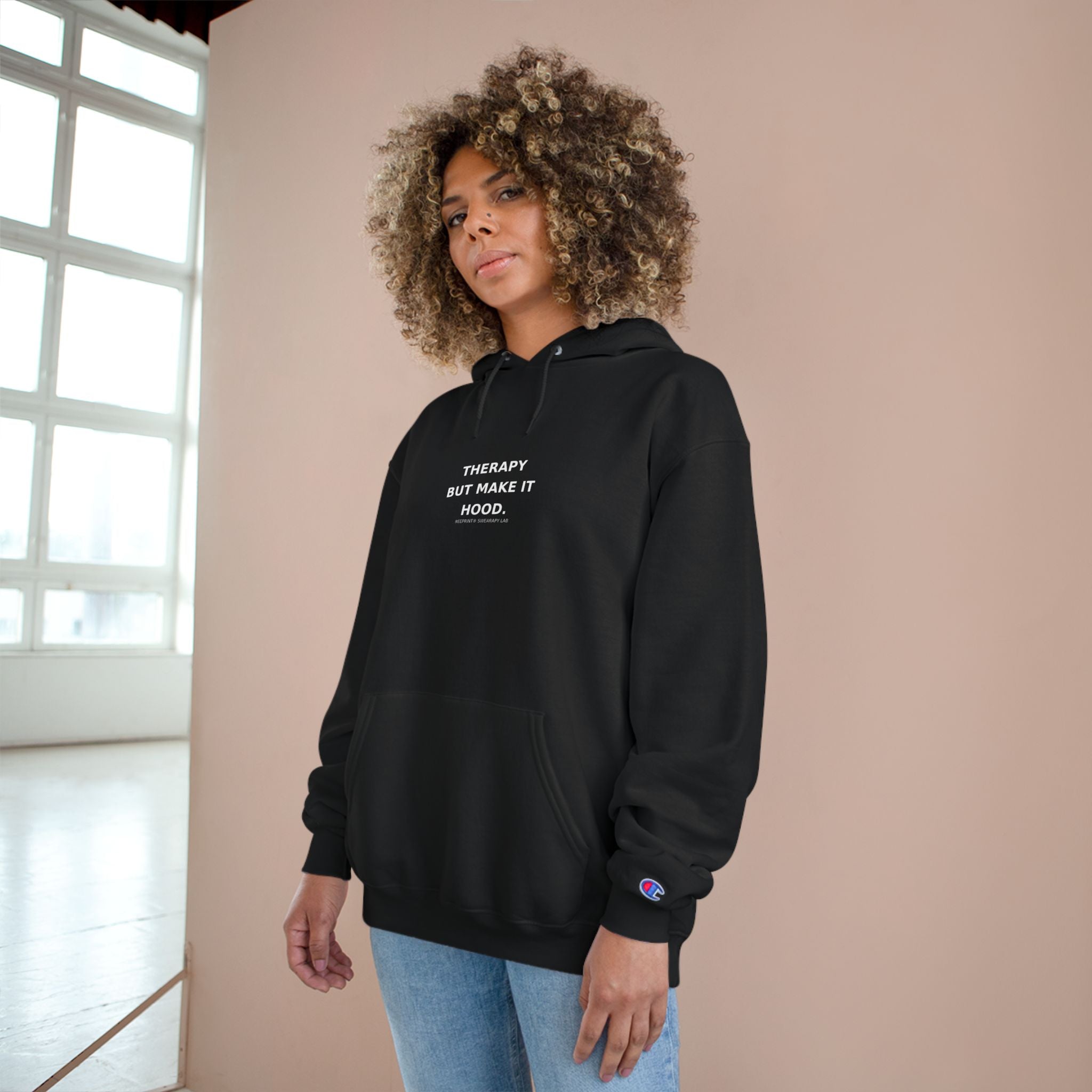 Champion® Hoodie – “Therapy But Make It Hood.” | Urban Luxe Minimalist Streetwear | Reeprint® Edition