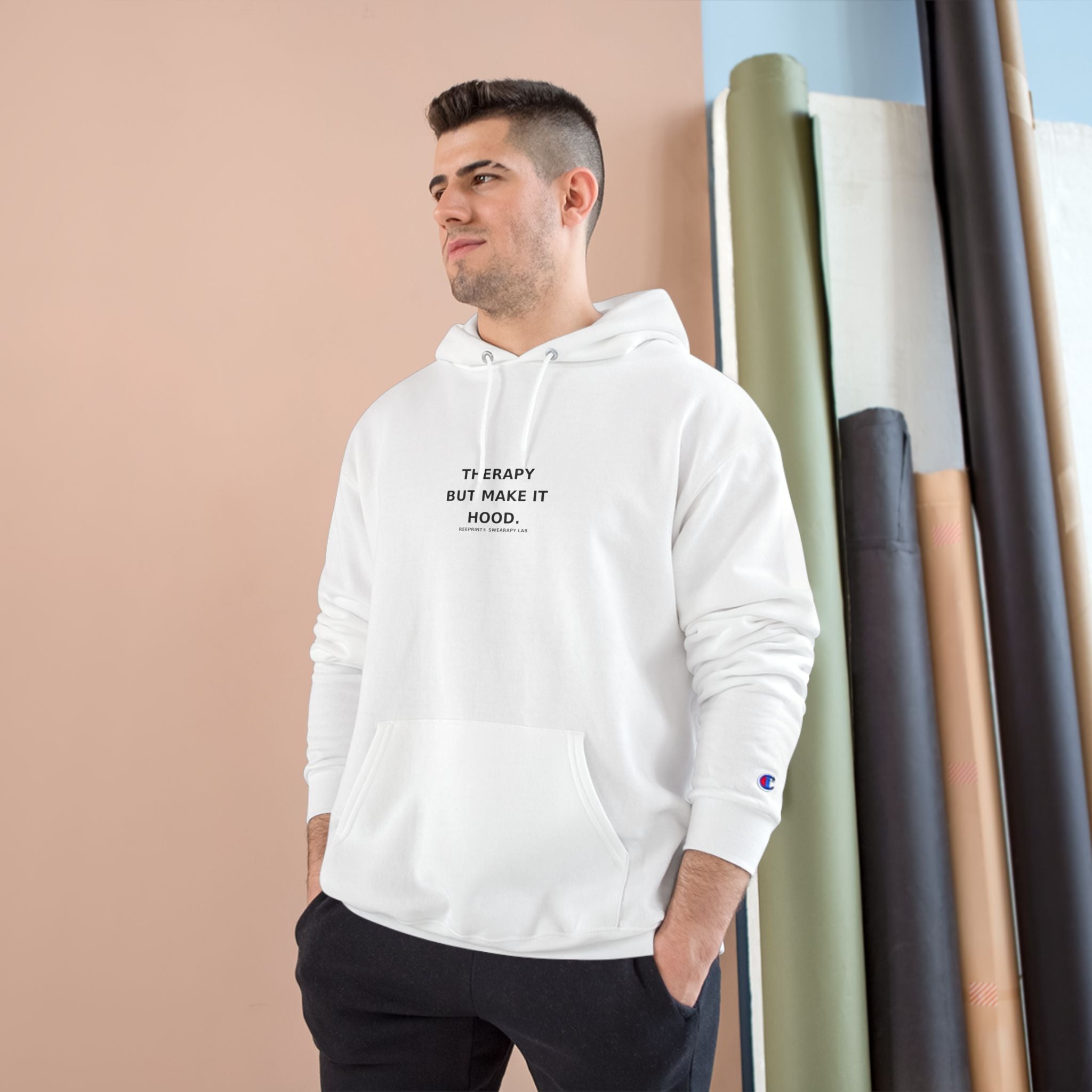 Champion® Hoodie – “Therapy But Make It Hood.” | Urban Luxe Minimalist Streetwear | Reeprint® Edition